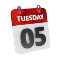 Tuesday 5 Date 3D Icon Isolated, Shiny and Glossy 3D Rendering, Month Date Day Name, Schedule, History png