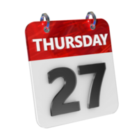 Thursday 27 Date 3D Icon Isolated, Shiny and Glossy 3D Rendering, Month Date Day Name, Schedule, History png
