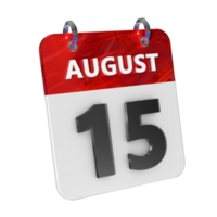 August 15 Date 3D Icon Isolated, Shiny and Glossy 3D Rendering, Month Date Day Name, Schedule, History png