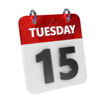 Tuesday 15 Date 3D Icon Isolated, Shiny and Glossy 3D Rendering, Month Date Day Name, Schedule, History png