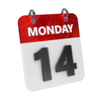 Monday 14 Date 3D Icon Isolated, Shiny and Glossy 3D Rendering, Month Date Day Name, Schedule, History png