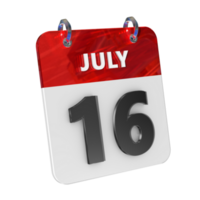 juli 16 datum 3d ikon isolerat, skinande och glansig 3d tolkning, månad datum dag namn, schema, historia png