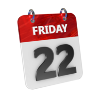 Friday 22 Date 3D Icon Isolated, Shiny and Glossy 3D Rendering, Month Date Day Name, Schedule, History png