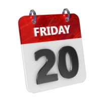 Friday 20 Date 3D Icon Isolated, Shiny and Glossy 3D Rendering, Month Date Day Name, Schedule, History png