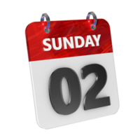 Sunday 2 Date 3D Icon Isolated, Shiny and Glossy 3D Rendering, Month Date Day Name, Schedule, History png