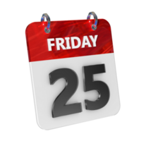 Friday 25 Date 3D Icon Isolated, Shiny and Glossy 3D Rendering, Month Date Day Name, Schedule, History png