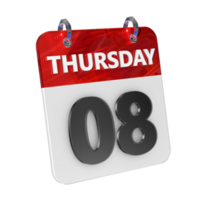 Thursday 8 Date 3D Icon Isolated, Shiny and Glossy 3D Rendering, Month Date Day Name, Schedule, History png