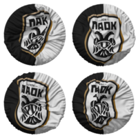 Paok Fußball Verein Flagge im runden gestalten isoliert mit vier anders winken Stil, stoßen Textur, 3d Rendern png