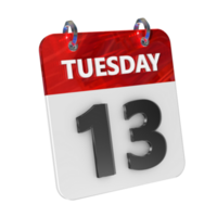 Tuesday 13 Date 3D Icon Isolated, Shiny and Glossy 3D Rendering, Month Date Day Name, Schedule, History png