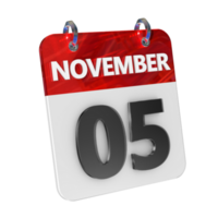 november 5 datum 3d icoon geïsoleerd, glimmend en glanzend 3d weergave, maand datum dag naam, schema, geschiedenis png