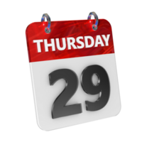 Thursday 29 Date 3D Icon Isolated, Shiny and Glossy 3D Rendering, Month Date Day Name, Schedule, History png