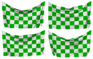carreras verde y blanco a cuadros clavado bandera desde esquinas, aislado con diferente ondulación variaciones, 3d representación png