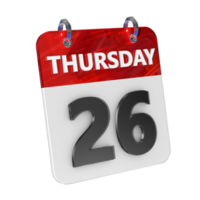 Thursday 26 Date 3D Icon Isolated, Shiny and Glossy 3D Rendering, Month Date Day Name, Schedule, History png