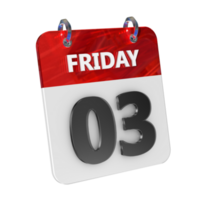 Friday 3 Date 3D Icon Isolated, Shiny and Glossy 3D Rendering, Month Date Day Name, Schedule, History png