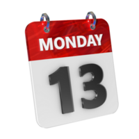 Monday 13 Date 3D Icon Isolated, Shiny and Glossy 3D Rendering, Month Date Day Name, Schedule, History png