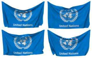 unido naciones, Naciones Unidas clavado bandera desde esquinas, aislado con diferente ondulación variaciones, 3d representación png