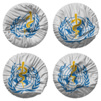 monde santé organisation, qui drapeau dans rond forme isolé avec quatre différent agitant style, bosse texture, 3d le rendu png