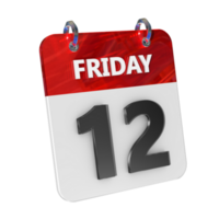 Friday 12 Date 3D Icon Isolated, Shiny and Glossy 3D Rendering, Month Date Day Name, Schedule, History png