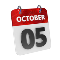 octubre 5 5 fecha 3d icono aislado, brillante y lustroso 3d representación, mes fecha día nombre, cronograma, historia png