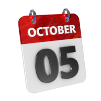 oktober 5 datum 3d icoon geïsoleerd, glimmend en glanzend 3d weergave, maand datum dag naam, schema, geschiedenis png