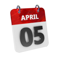 April 5 Date 3D Icon Isolated, Shiny and Glossy 3D Rendering, Month Date Day Name, Schedule, History png