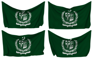 pakistan emblem fästs flagga från hörn, isolerat med annorlunda vinka variationer, 3d tolkning png