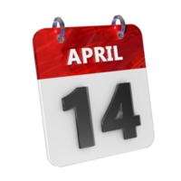 April 14 Date 3D Icon Isolated, Shiny and Glossy 3D Rendering, Month Date Day Name, Schedule, History png