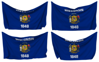Estado do Wisconsin fixado bandeira a partir de cantos, isolado com diferente acenando variações, 3d Renderização png