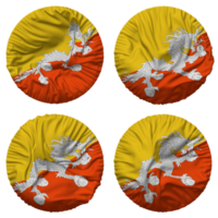 bhutan flagga i runda form isolerat med fyra annorlunda vinka stil, stöta textur, 3d tolkning png