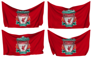 Liverpool fútbol americano club clavado bandera desde esquinas, aislado con diferente ondulación variaciones, 3d representación png