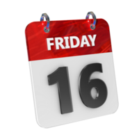 Friday 16 Date 3D Icon Isolated, Shiny and Glossy 3D Rendering, Month Date Day Name, Schedule, History png