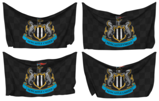 Newcastle unido fútbol americano club clavado bandera desde esquinas, aislado con diferente ondulación variaciones, 3d representación png