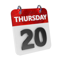 Thursday 20 Date 3D Icon Isolated, Shiny and Glossy 3D Rendering, Month Date Day Name, Schedule, History png