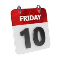 Friday 10 Date 3D Icon Isolated, Shiny and Glossy 3D Rendering, Month Date Day Name, Schedule, History png