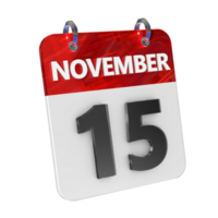 november 15 datum 3d icoon geïsoleerd, glimmend en glanzend 3d weergave, maand datum dag naam, schema, geschiedenis png