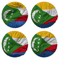 Comores bandeira dentro volta forma isolado com quatro diferente acenando estilo, colisão textura, 3d Renderização png