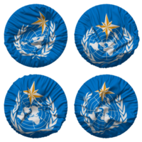 värld meteorologiska organisation, wmo flagga i runda form isolerat med fyra annorlunda vinka stil, stöta textur, 3d tolkning png