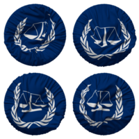 Internationale crimineel rechtbank, icc vlag in ronde vorm geïsoleerd met vier verschillend golvend stijl, buil textuur, 3d renderen png