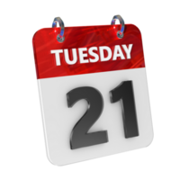Dienstag 21 Datum 3d Symbol isoliert, glänzend und glänzend 3d Wiedergabe, Monat Datum Tag Name, Zeitplan, Geschichte png