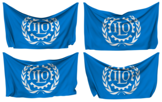 International Labour Organization, ILO Pinned Flag from Corners, Isolated with Different Waving Variations, 3D Rendering png