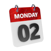 måndag 2 datum 3d ikon isolerat, skinande och glansig 3d tolkning, månad datum dag namn, schema, historia png