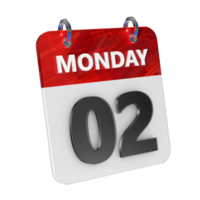 Monday 2 Date 3D Icon Isolated, Shiny and Glossy 3D Rendering, Month Date Day Name, Schedule, History png