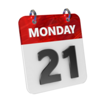 Monday 21 Date 3D Icon Isolated, Shiny and Glossy 3D Rendering, Month Date Day Name, Schedule, History png