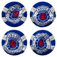 rangers fotboll klubb flagga i runda form isolerat med fyra annorlunda vinka stil, stöta textur, 3d tolkning png