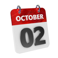 oktober 2 datum 3d icoon geïsoleerd, glimmend en glanzend 3d weergave, maand datum dag naam, schema, geschiedenis png