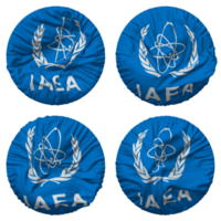 internationell atom- energi byrå, iaea flagga i runda form isolerat med fyra annorlunda vinka stil, stöta textur, 3d tolkning png