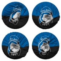 atalanta bergamasca calcio fotboll klubb flagga i runda form isolerat med fyra annorlunda vinka stil, stöta textur, 3d tolkning png