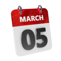 March 5 Date 3D Icon Isolated, Shiny and Glossy 3D Rendering, Month Date Day Name, Schedule, History png