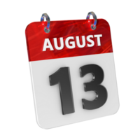 August 13 Date 3D Icon Isolated, Shiny and Glossy 3D Rendering, Month Date Day Name, Schedule, History png