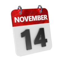 november 14 datum 3d icoon geïsoleerd, glimmend en glanzend 3d weergave, maand datum dag naam, schema, geschiedenis png